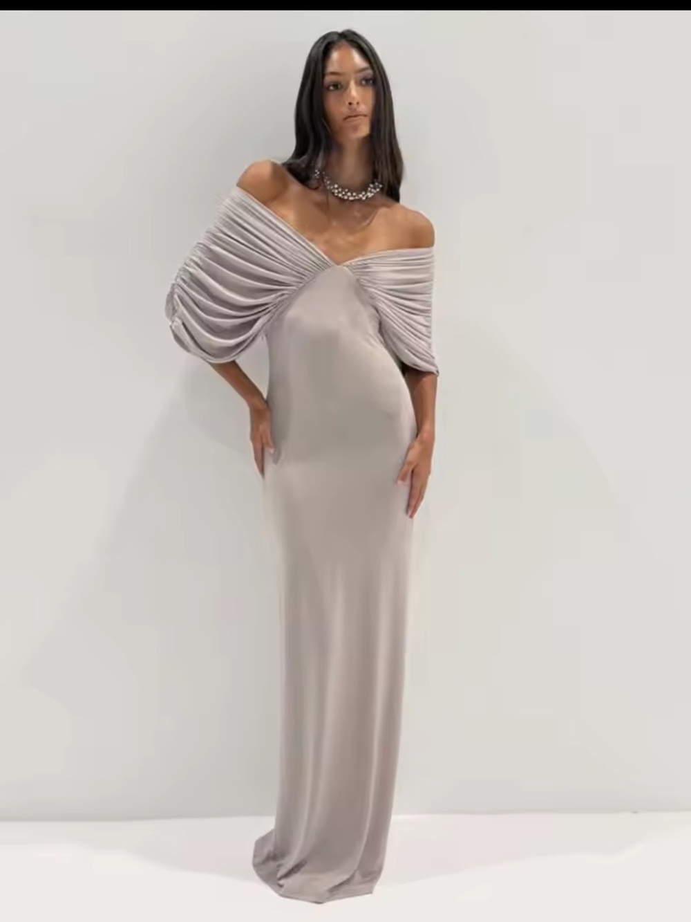 KOIR soft grey off shoulder dress